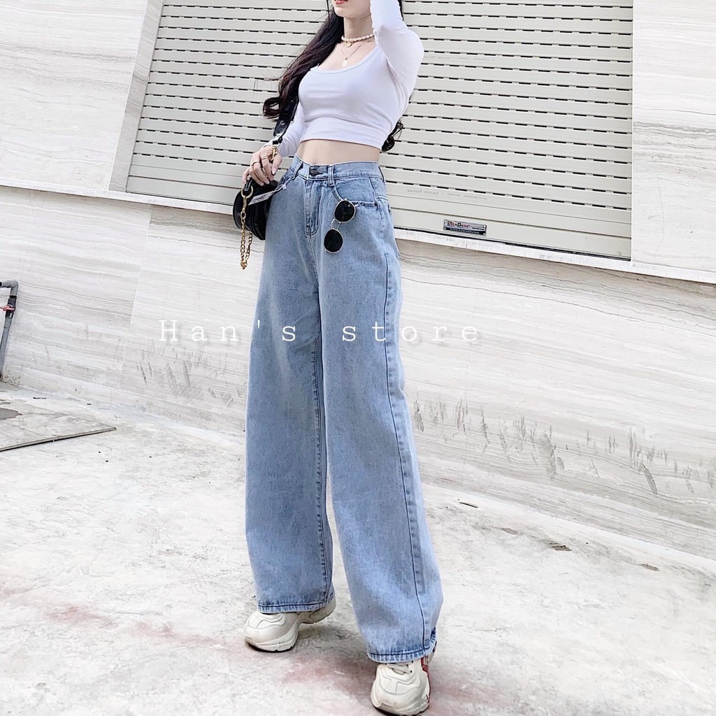 [Size 30-35] Quần Ống Rộng Bigsize Xanh Đá Basic - Lưng Cao Siêu Tôn Dáng - Quần Suông Rộng Dài